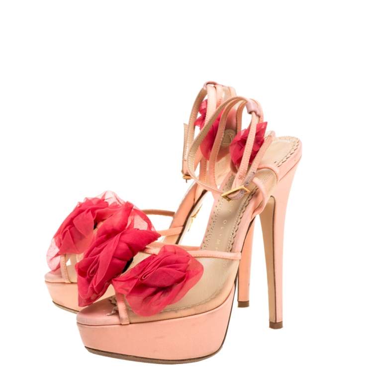 Pre Owned Charlotte Olympia Peach/Pink Satin and Mesh Pomeline Rose Peep Toe Platform Sandals Size 36