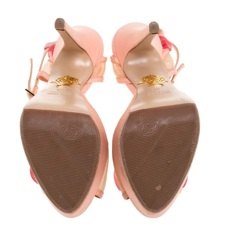 Pre Owned Charlotte Olympia Peach/Pink Satin and Mesh Pomeline Rose Peep Toe Platform Sandals Size 36