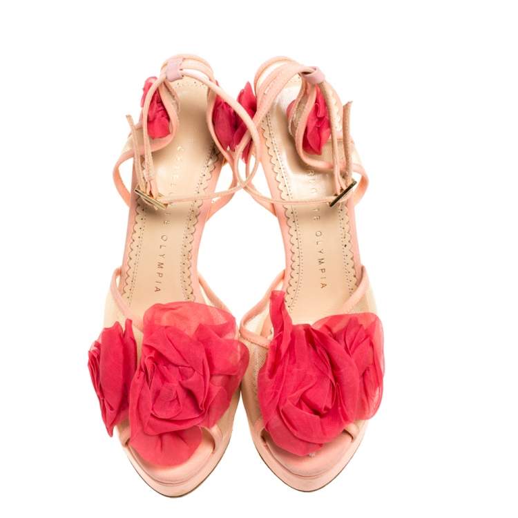 Pre Owned Charlotte Olympia Peach/Pink Satin and Mesh Pomeline Rose Peep Toe Platform Sandals Size 36