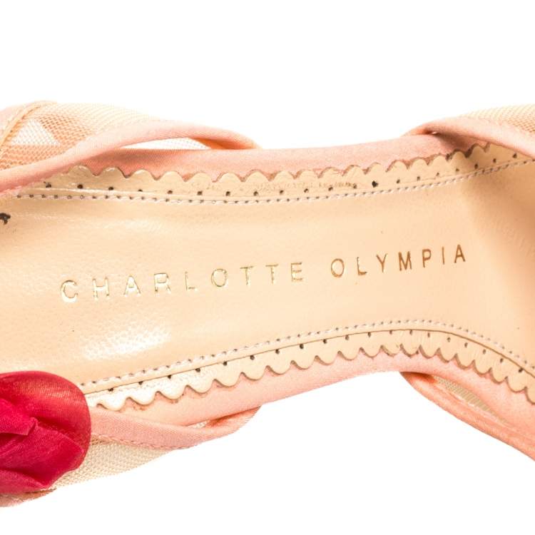 Pre Owned Charlotte Olympia Peach/Pink Satin and Mesh Pomeline Rose Peep Toe Platform Sandals Size 36