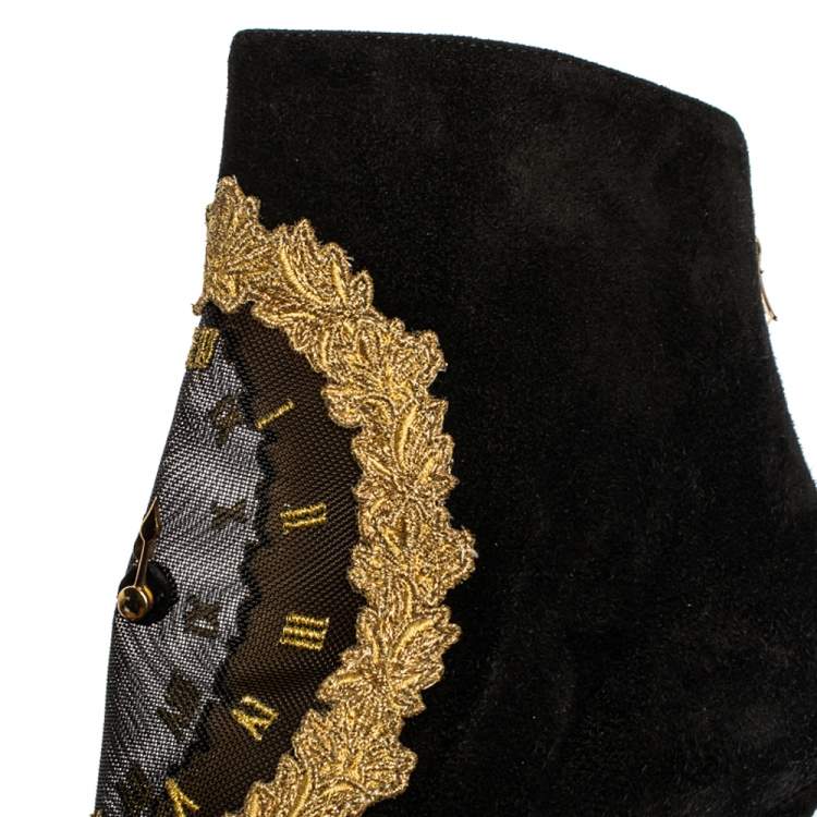 Pre Owned Charlotte Olympia Black Suede On Time Platform Ankle Boots Size 38