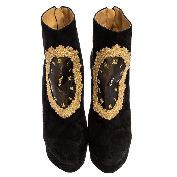 Pre Owned Charlotte Olympia Black Suede On Time Platform Ankle Boots Size 38