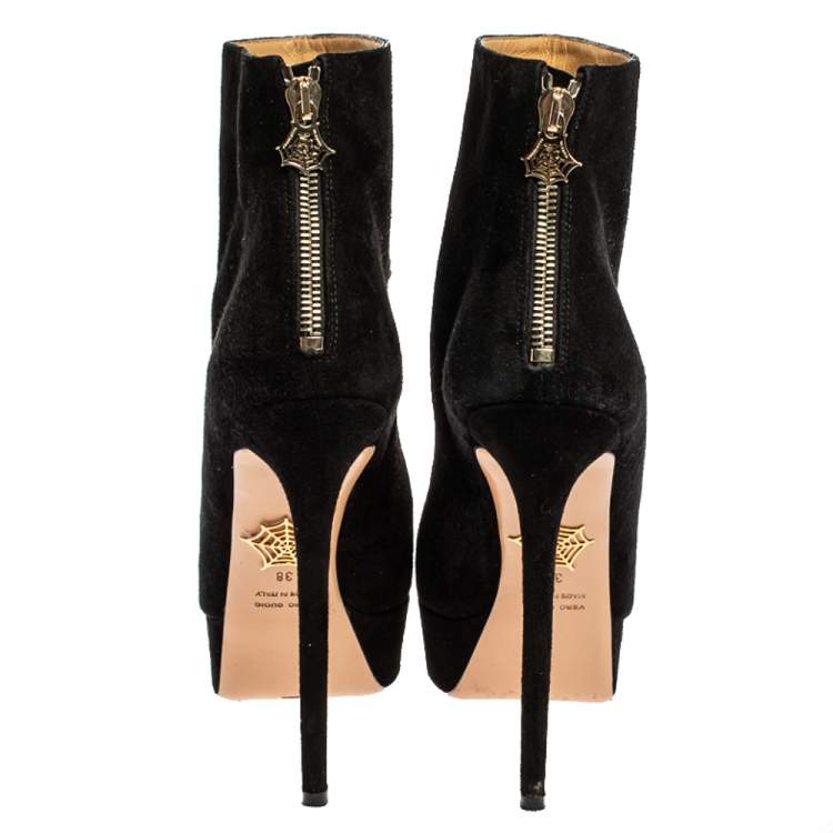 Pre Owned Charlotte Olympia Black Suede On Time Platform Ankle Boots Size 38