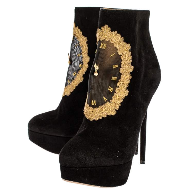 Pre Owned Charlotte Olympia Black Suede On Time Platform Ankle Boots Size 38