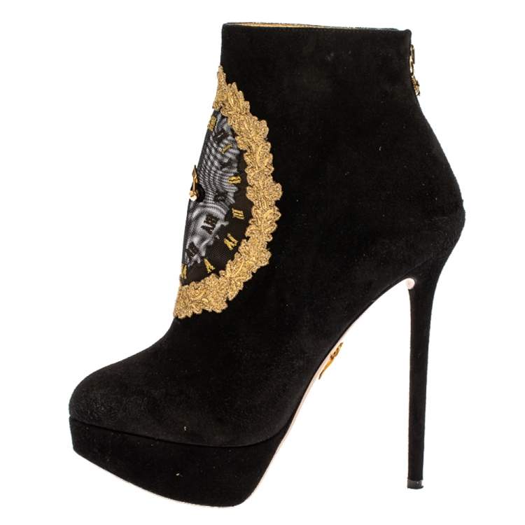 Pre Owned Charlotte Olympia Black Suede On Time Platform Ankle Boots Size 38
