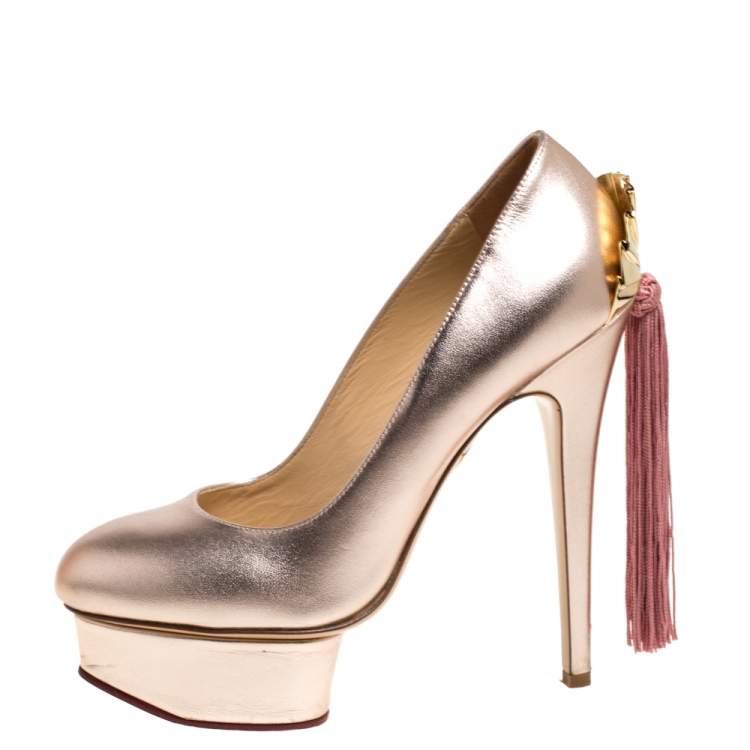Pre Owned Charlotte Olympia Metallic Light Pink Tassel Detail Starla Platform Pumps Size 37