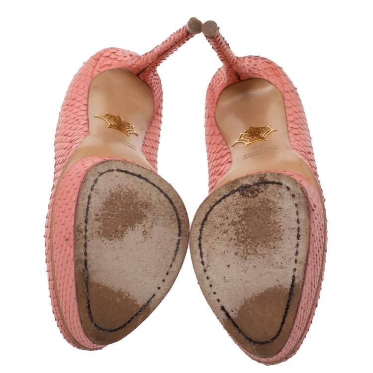 مملوكة مسبقًا Charlotte Olympia Coral Red Python Dolly Platform Pumps Size 39