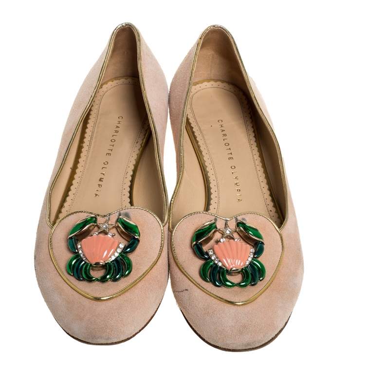 Pre Owned Charlotte Olympia Peach Suede Birthday Zodiac Cancer Ballet Flats Size 40