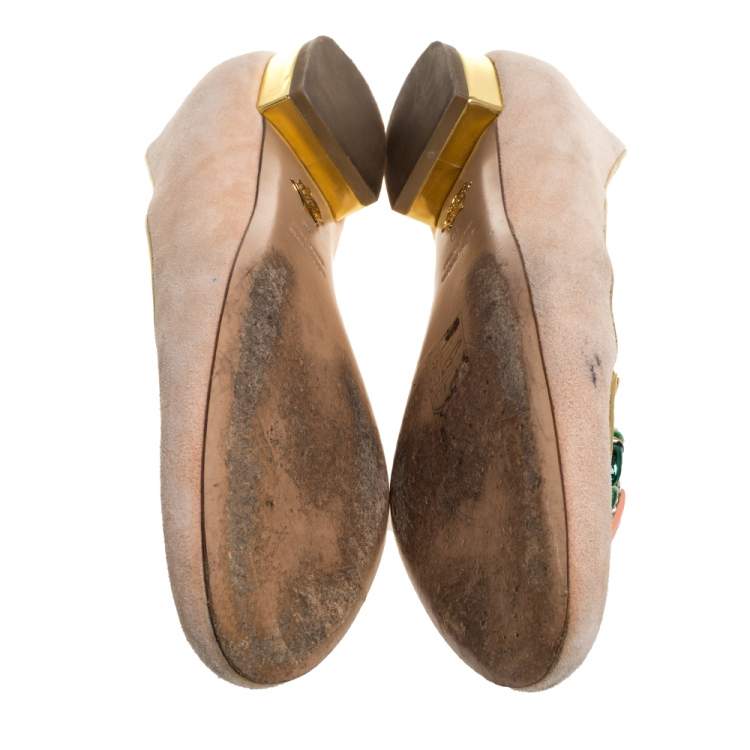 Pre Owned Charlotte Olympia Peach Suede Birthday Zodiac Cancer Ballet Flats Size 40
