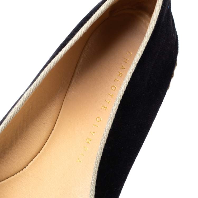Pre Owned Charlotte Olympia Black Velvet Kitty Slip On Loafers Size 40