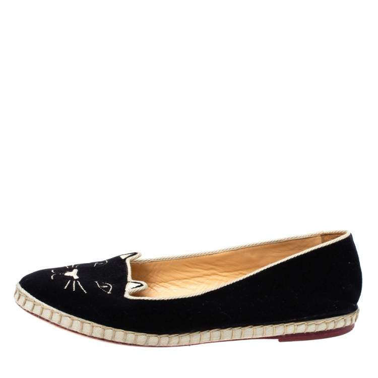 Pre Owned Charlotte Olympia Black Velvet Kitty Slip On Loafers Size 40