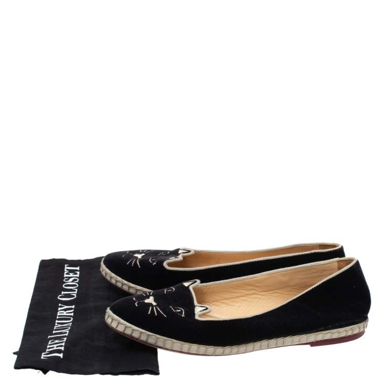 Pre Owned Charlotte Olympia Black Velvet Kitty Slip On Loafers Size 40