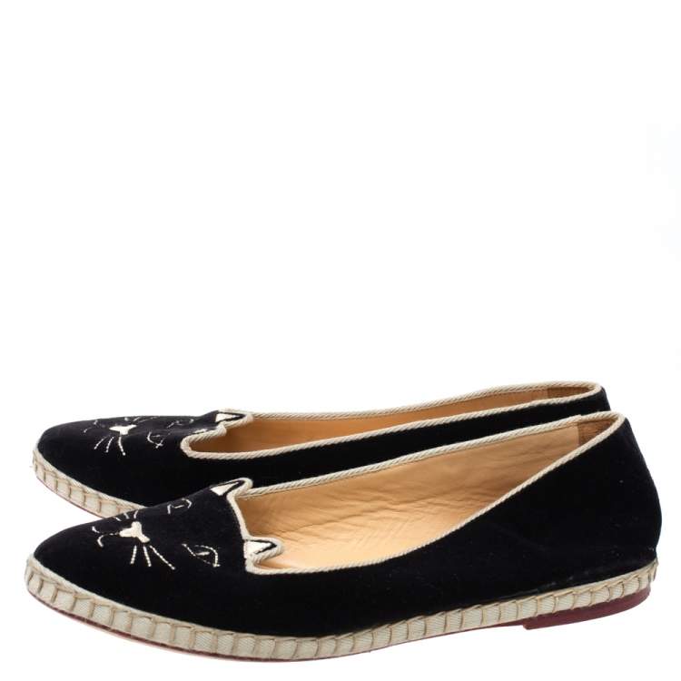 Pre Owned Charlotte Olympia Black Velvet Kitty Slip On Loafers Size 40