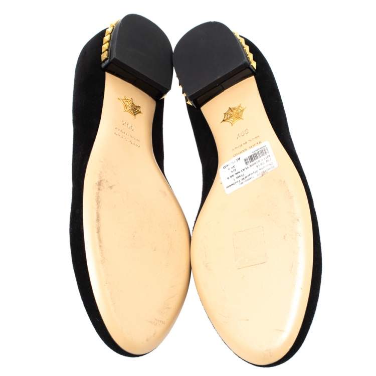 Pre Owned Charlotte Olympia Black Velvet Kitty Studded Ballet Flats Size 39.5