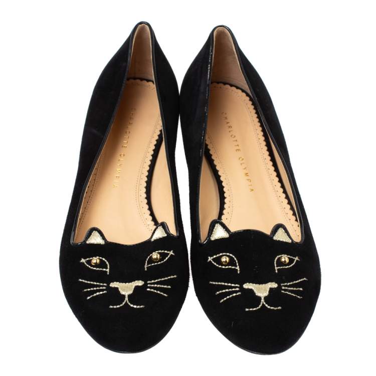 Pre Owned Charlotte Olympia Black Velvet Kitty Studded Ballet Flats Size 39.5