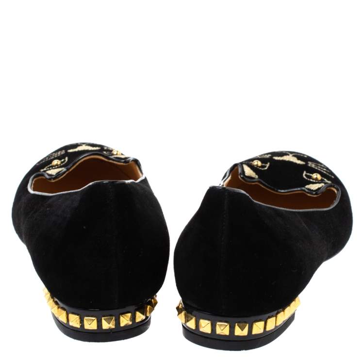 Pre Owned Charlotte Olympia Black Velvet Kitty Studded Ballet Flats Size 39.5