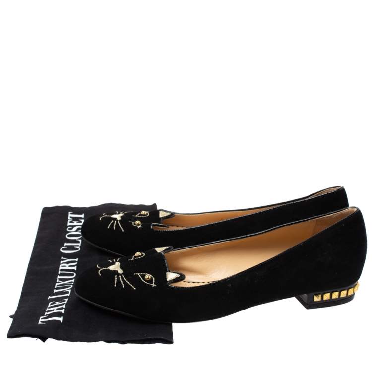 Pre Owned Charlotte Olympia Black Velvet Kitty Studded Ballet Flats Size 39.5