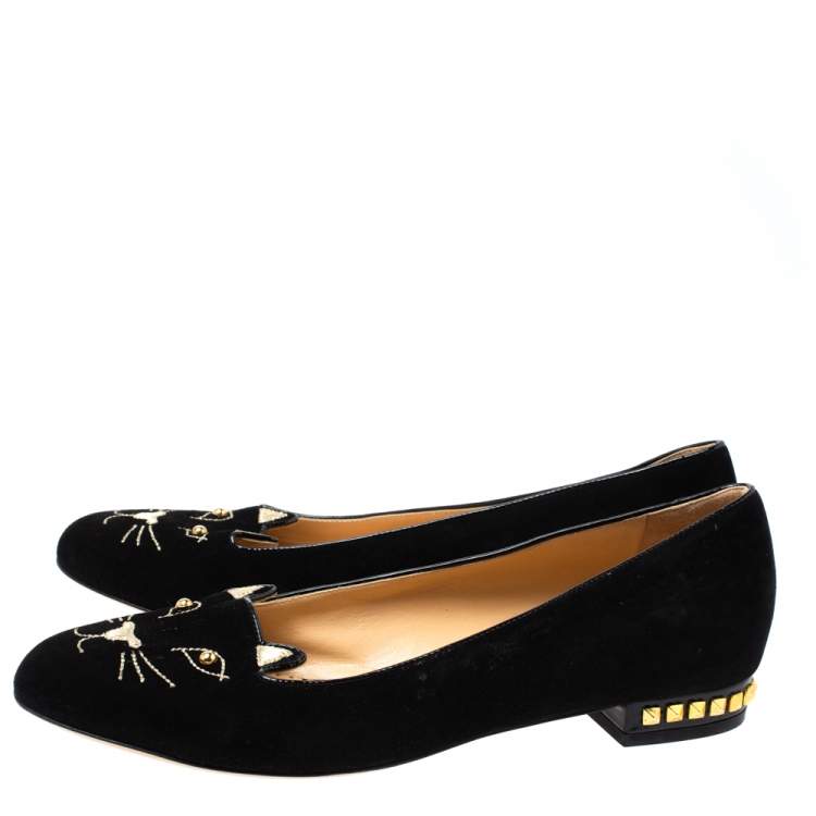 Pre Owned Charlotte Olympia Black Velvet Kitty Studded Ballet Flats Size 39.5