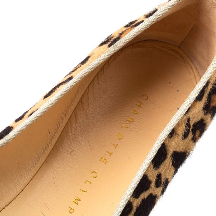 Pre Owned Charlotte Olympia Brown Animal Print Calf Hair Kitty Slip On Loafers Size 40