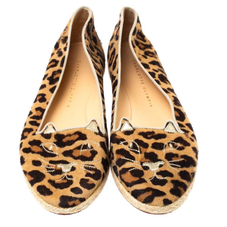 Pre Owned Charlotte Olympia Brown Animal Print Calf Hair Kitty Slip On Loafers Size 40