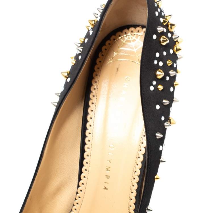 Pre Owned Charlotte Olympia Black Satin Studded Pointed Toe Pumps Size 40.5