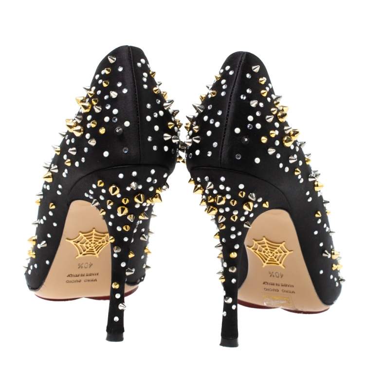 Pre Owned Charlotte Olympia Black Satin Studded Pointed Toe Pumps Size 40.5