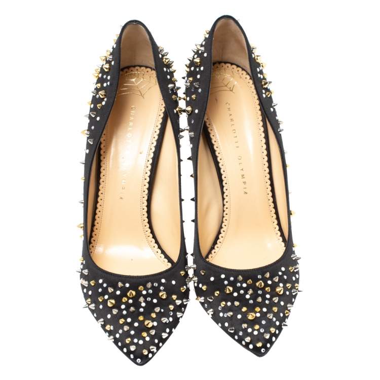 Pre Owned Charlotte Olympia Black Satin Studded Pointed Toe Pumps Size 40.5