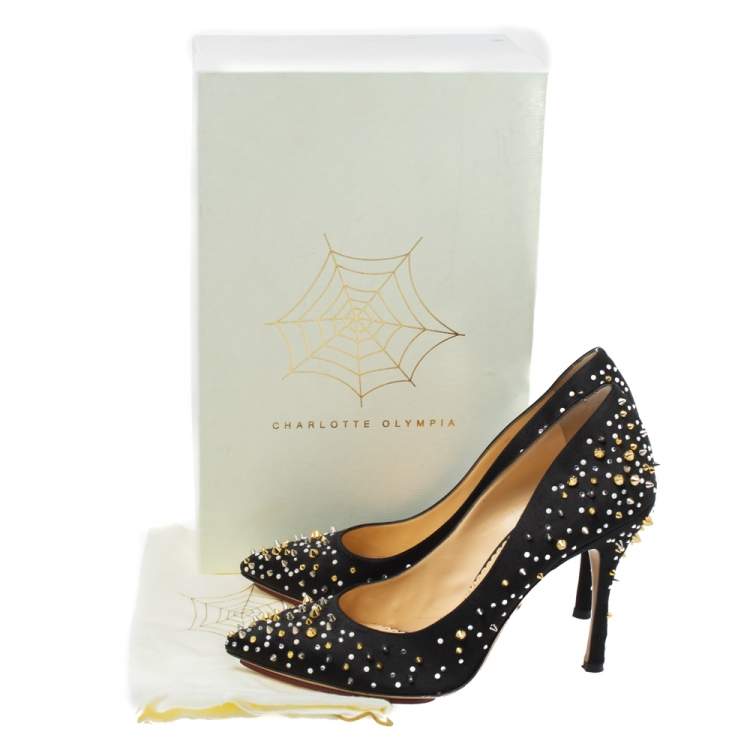 Pre Owned Charlotte Olympia Black Satin Studded Pointed Toe Pumps Size 40.5