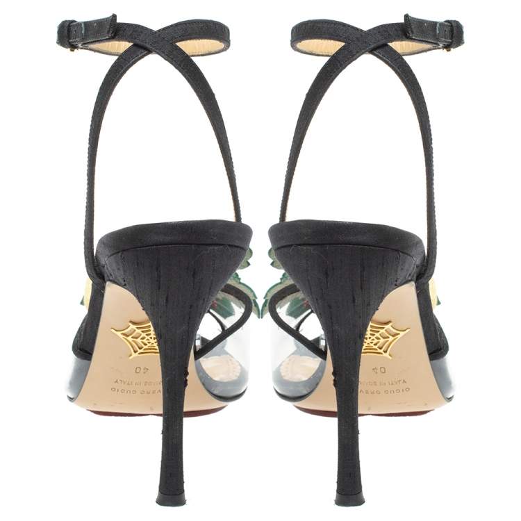 Pre Owned Charlotte Olympia Black Canvas Trims And PVC Tropicana Ankle Strap Sandals Size 40