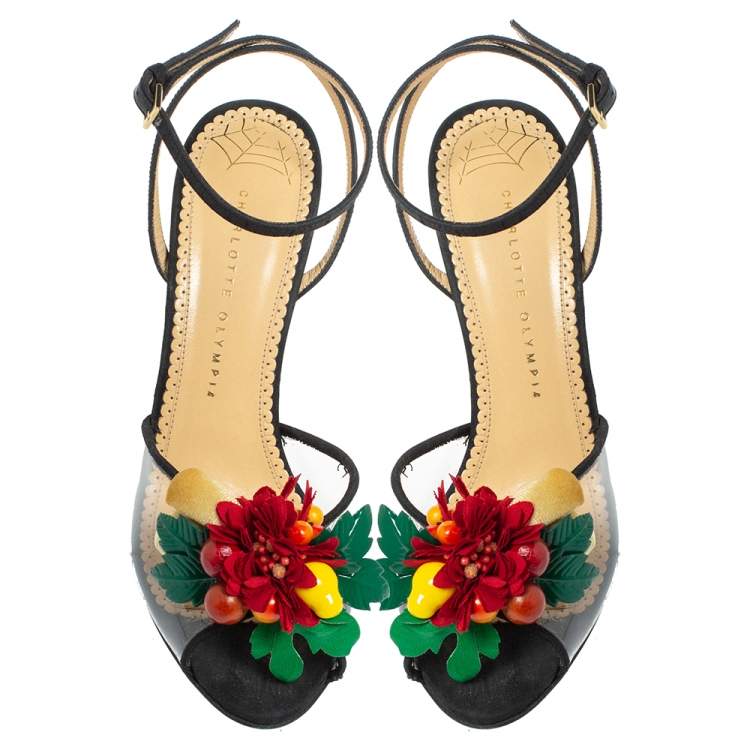 Pre Owned Charlotte Olympia Black Canvas Trims And PVC Tropicana Ankle Strap Sandals Size 40