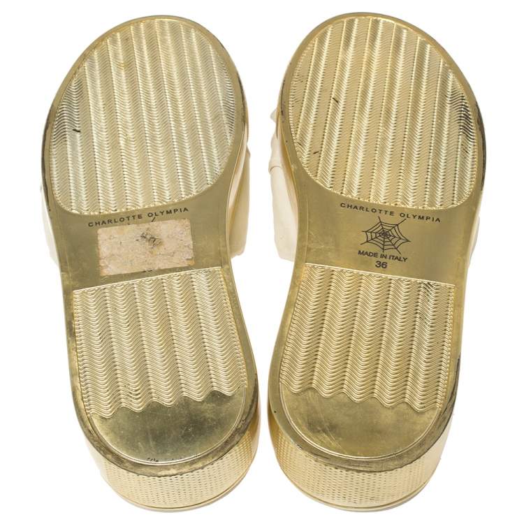 Pre Owned Charlotte Olympia White Leather Knotted Bow Slides Size 36