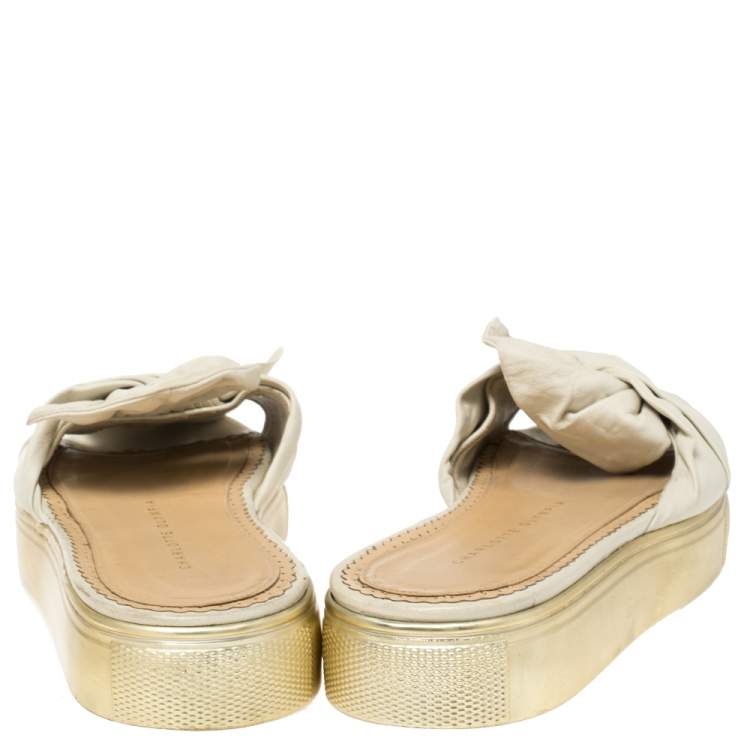 Pre Owned Charlotte Olympia White Leather Knotted Bow Slides Size 36