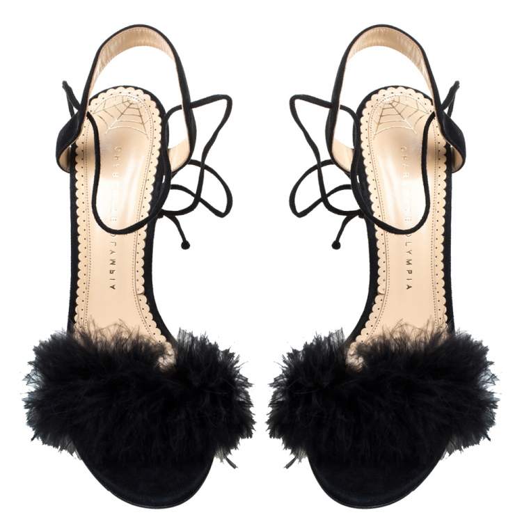Pre Owned Charlotte Olympia Black Suede And Feather Embellished Salsa Sandals Size 40