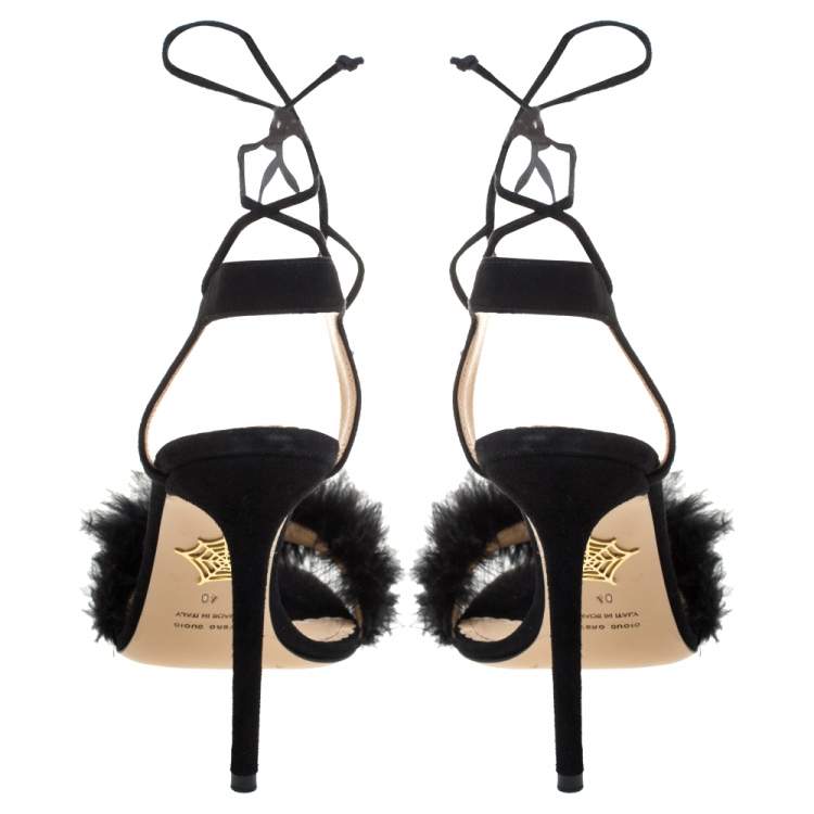 Pre Owned Charlotte Olympia Black Suede And Feather Embellished Salsa Sandals Size 40