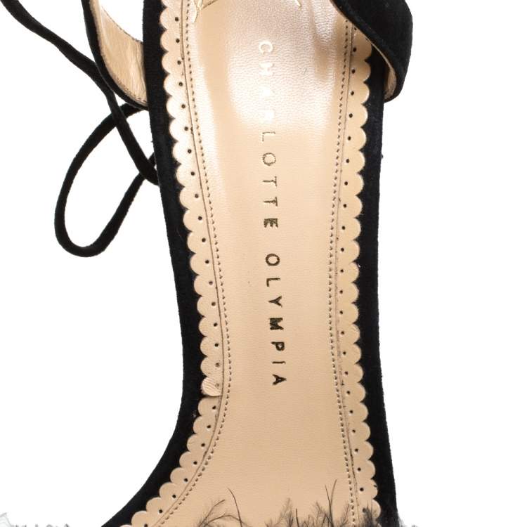 Pre Owned Charlotte Olympia Black Suede And Feather Embellished Salsa Sandals Size 40