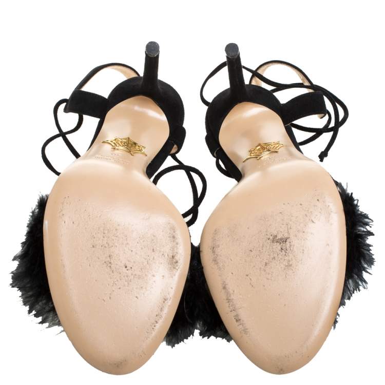 Pre Owned Charlotte Olympia Black Suede And Feather Embellished Salsa Sandals Size 40