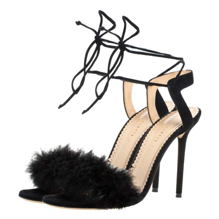 Pre Owned Charlotte Olympia Black Suede And Feather Embellished Salsa Sandals Size 40