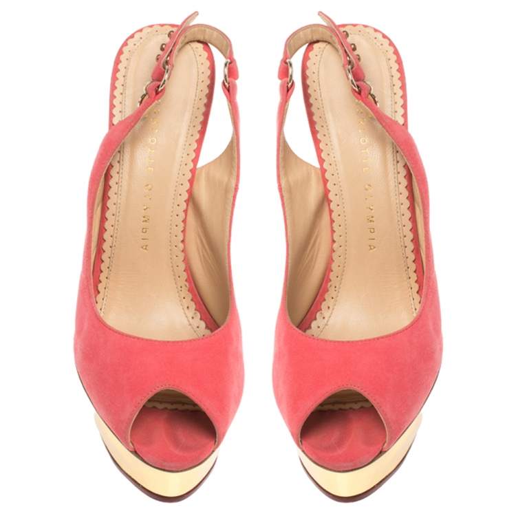 Pre Owned Charlotte Olympia Pink Suede Slingback Peep Toe Platform Sandals Size 37.5
