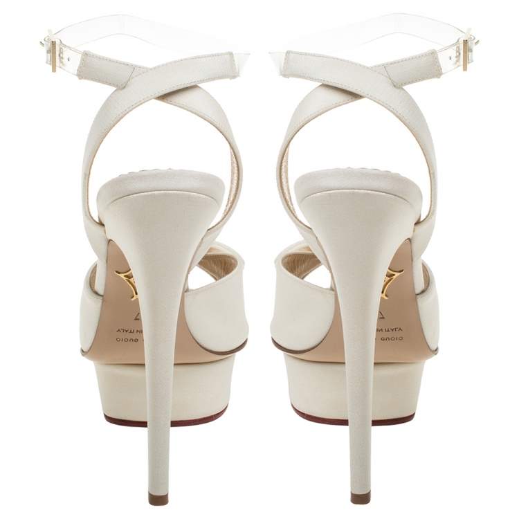 Pre Owned Charlotte Olympia Cream Satin Serena Bow Ankle Strap Platform Sandals Size 37