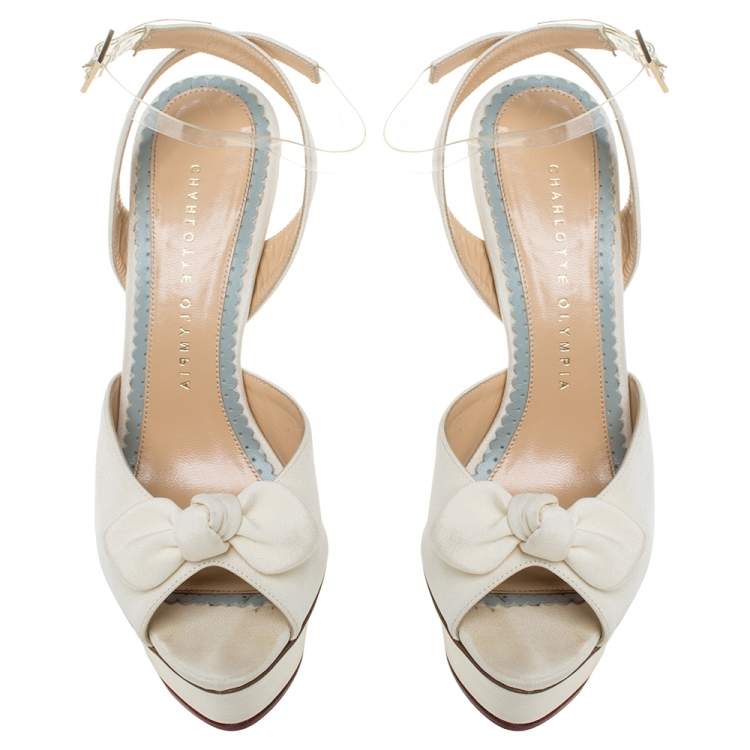 Pre Owned Charlotte Olympia Cream Satin Serena Bow Ankle Strap Platform Sandals Size 37