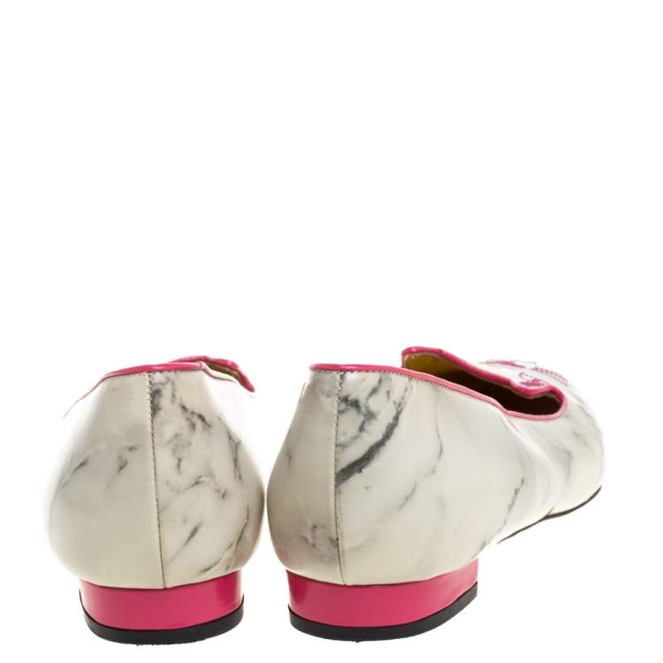 Pre Owned Charlotte Olympia Light Grey/Pink Marble Leather Kitty Flats Size 41