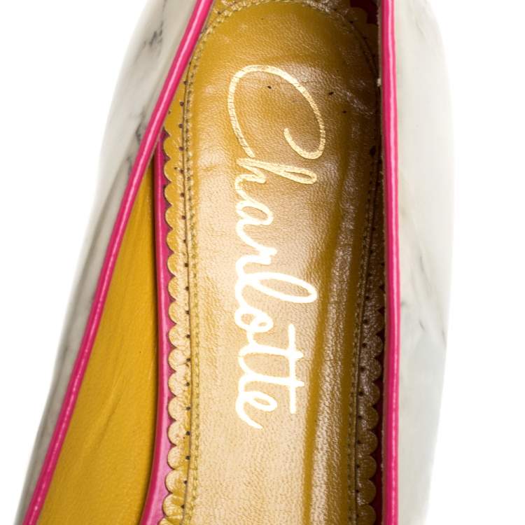 Pre Owned Charlotte Olympia Light Grey/Pink Marble Leather Kitty Flats Size 41
