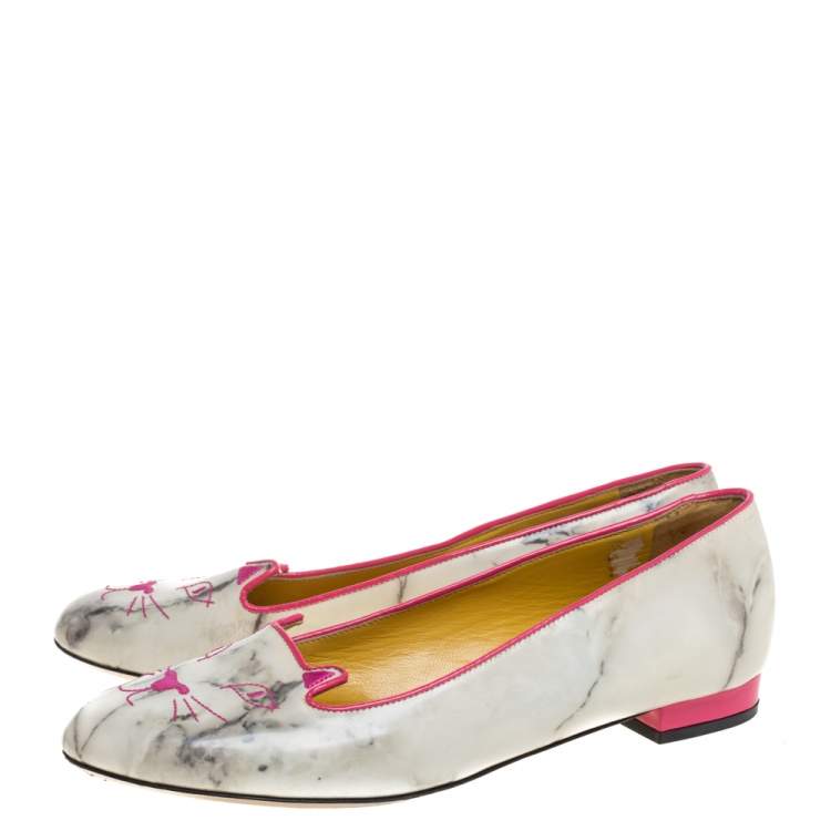 Pre Owned Charlotte Olympia Light Grey/Pink Marble Leather Kitty Flats Size 41