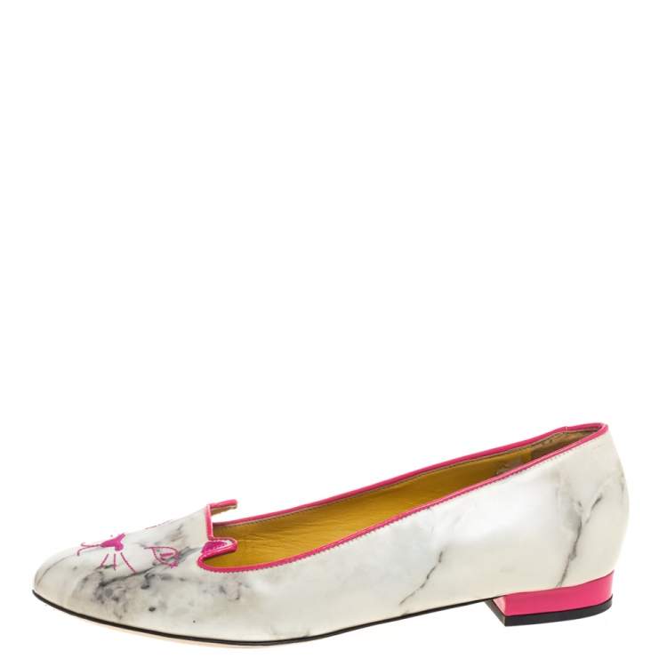 Pre Owned Charlotte Olympia Light Grey/Pink Marble Leather Kitty Flats Size 41