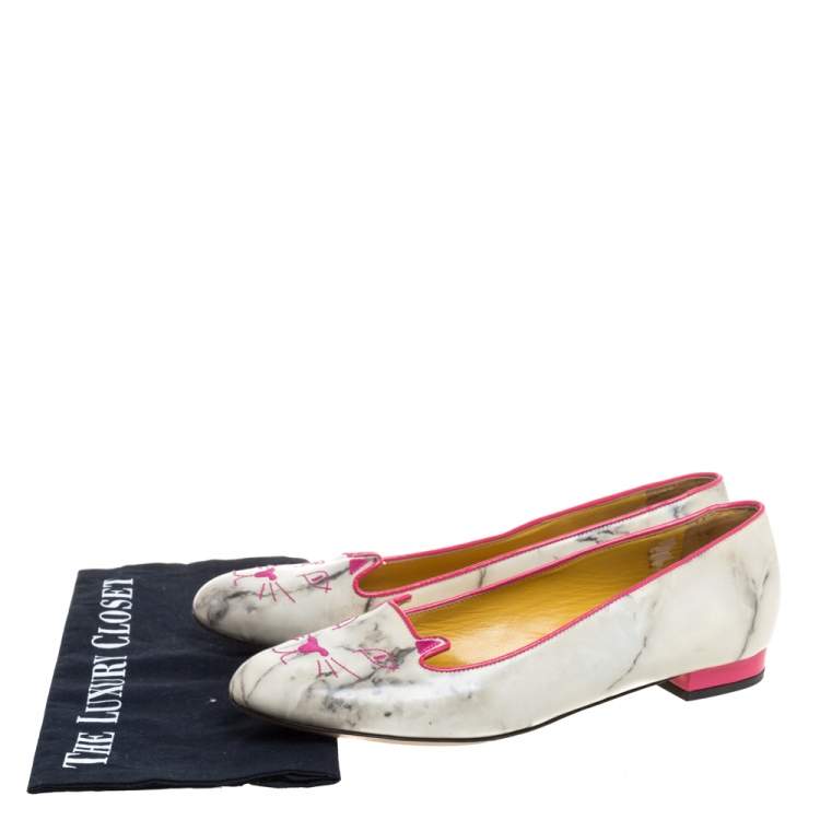Pre Owned Charlotte Olympia Light Grey/Pink Marble Leather Kitty Flats Size 41