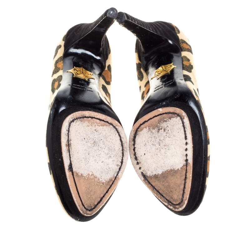 Pre Owned Charlotte Olympia Yellow Glitter Suede Leopard Print Platform Pumps Size 39