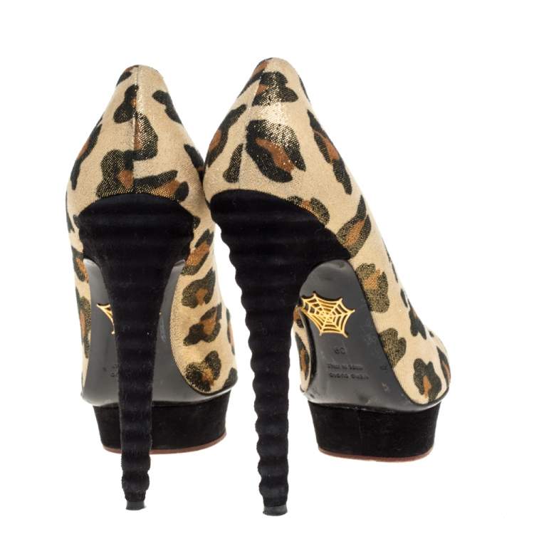 Pre Owned Charlotte Olympia Yellow Glitter Suede Leopard Print Platform Pumps Size 39