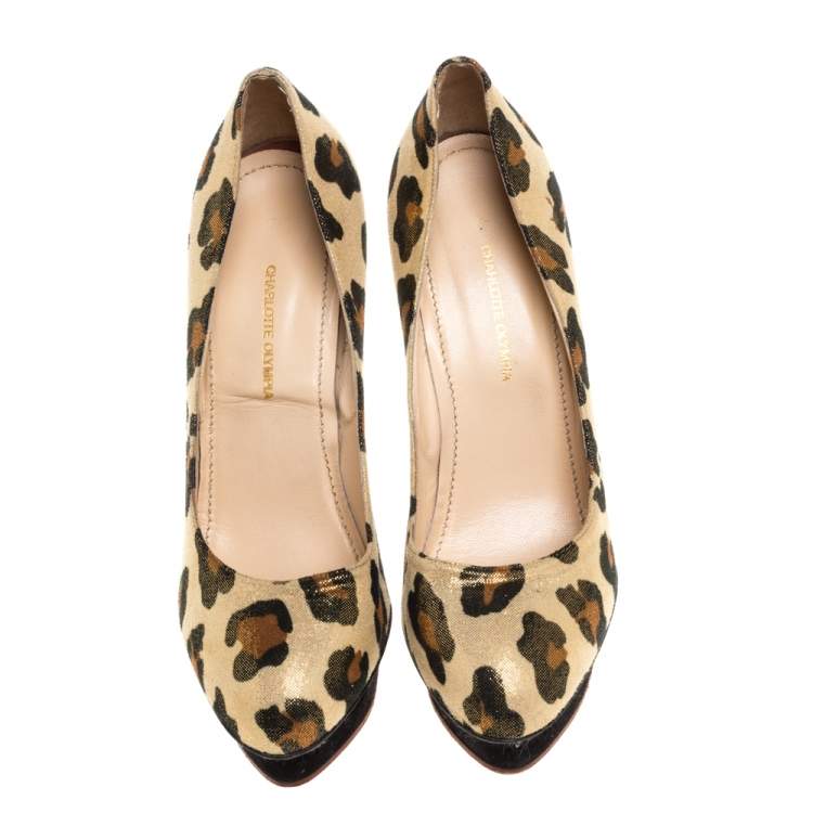 Pre Owned Charlotte Olympia Yellow Glitter Suede Leopard Print Platform Pumps Size 39