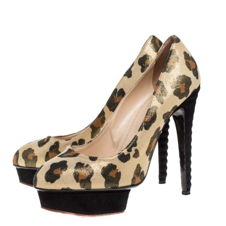 Pre Owned Charlotte Olympia Yellow Glitter Suede Leopard Print Platform Pumps Size 39