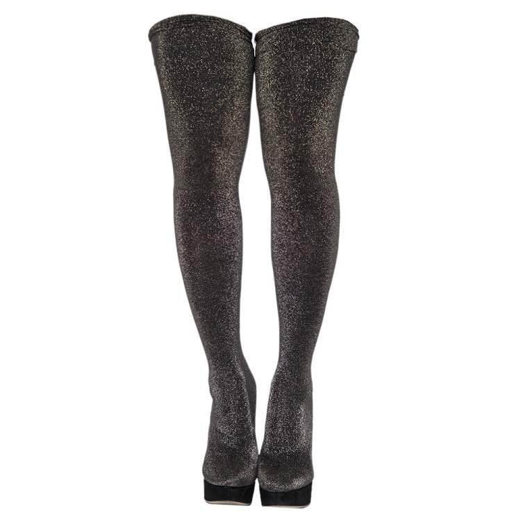 Pre Owned Charlotte Olympia Black Shimmer Jersey More Is More Thigh High Platform Boots Size 40.5